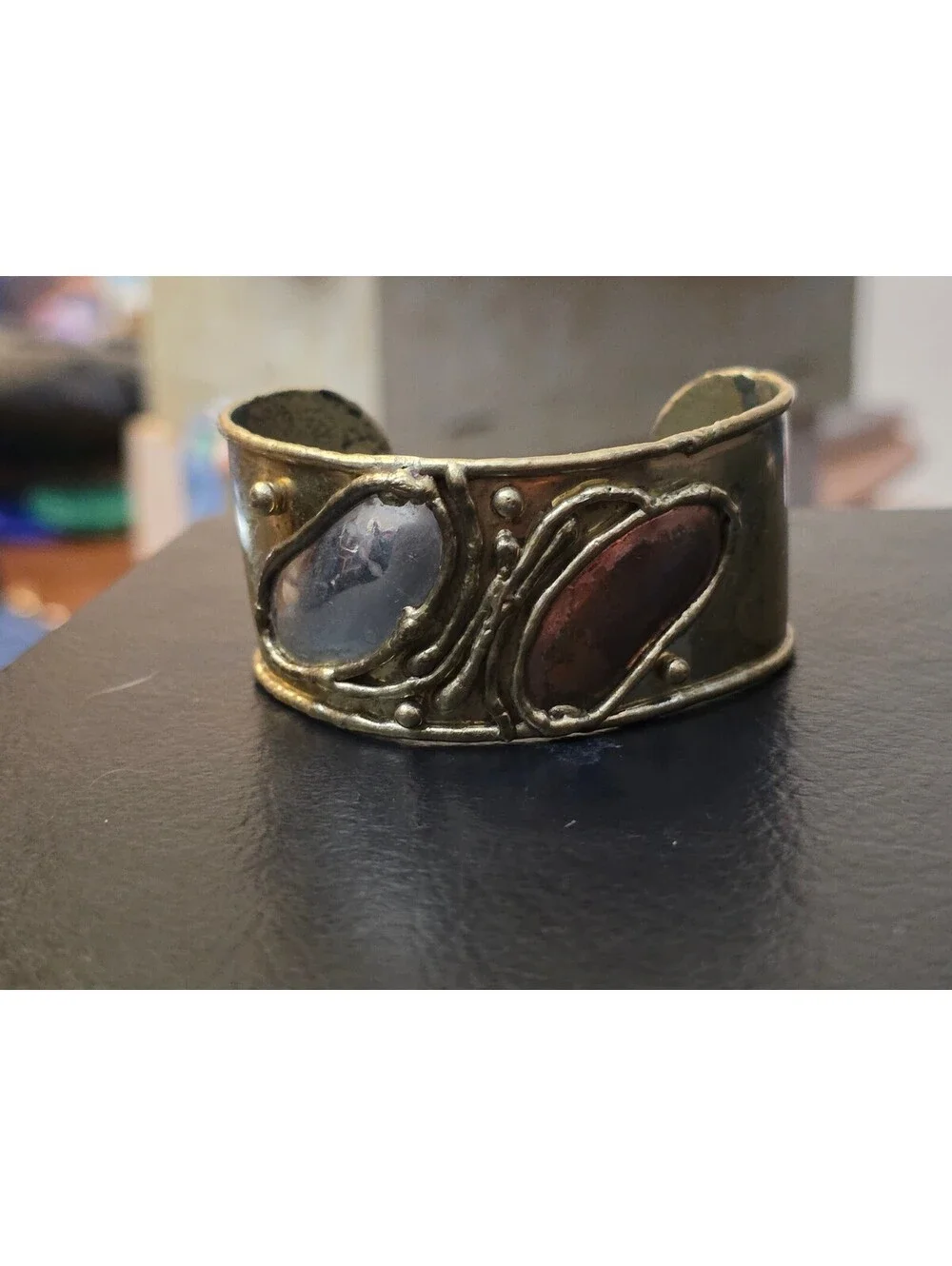Vintage Artisan Brutalist Mixed Metal Brass Wide Cuff Bracelet Studio Modernist